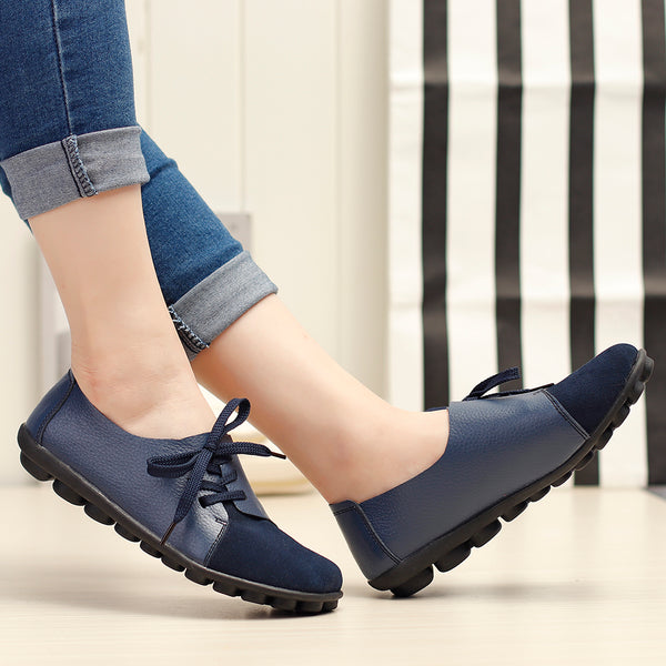 Plus size Women Lace Up Leather Flats Soft Casual Shoes