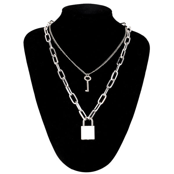 Double layer Lock Chain necklace punk 90s link chain silver color padlock pendant necklace women fashion gothic  jewelry