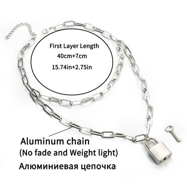 Double layer Lock Chain necklace punk 90s link chain silver color padlock pendant necklace women fashion gothic  jewelry