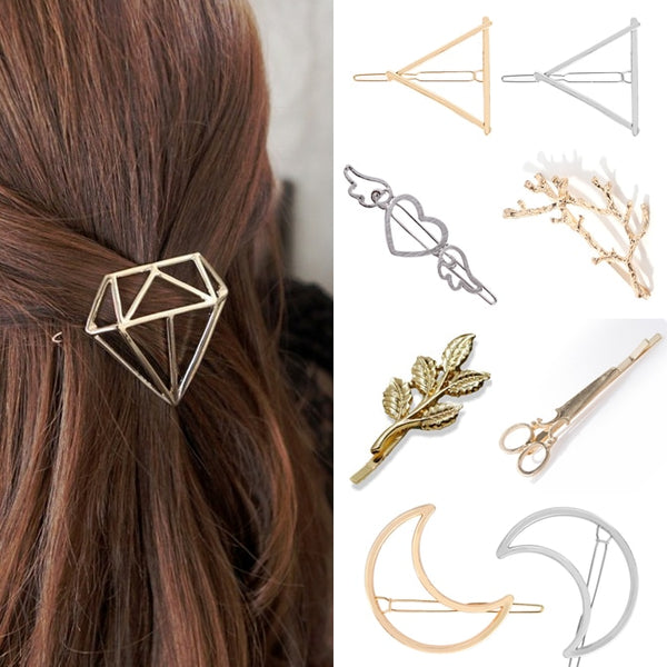 Hair Clip For Women Scissors Diamond Round Moon Leaf Unicorn Heart Simple Golden Silver Girl Fashion Gift Charm