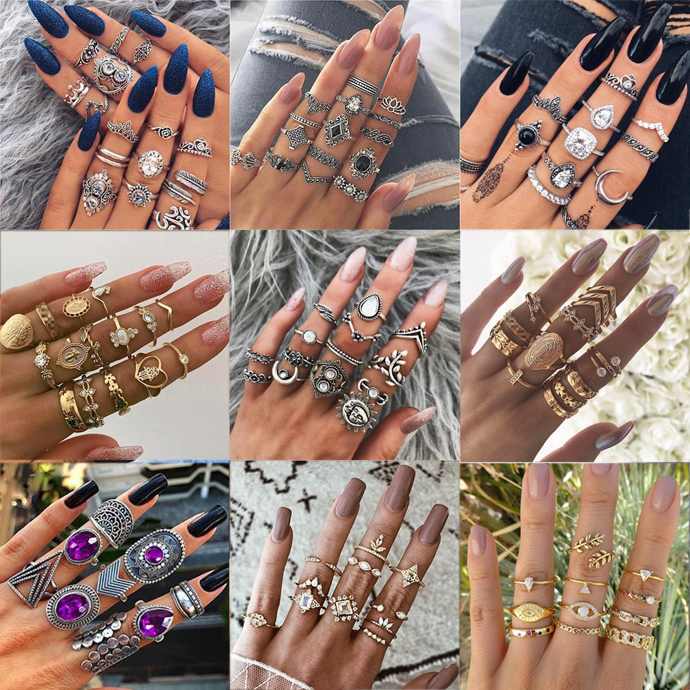 50 Styles Women Bohemian Vintage Crown Wave Flower Heart Lotus Star Leaf Crystal Opal Joint Ring Party Jewelry Silver Rings Set