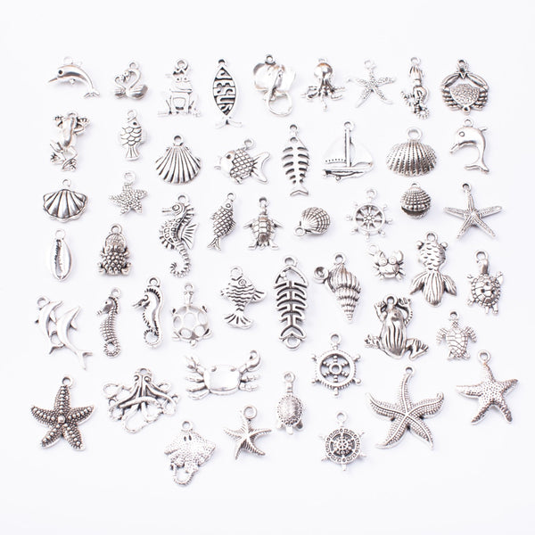 Marine animal 50pcs Tibetan Silver Mixed Styles  Charms Pendants DIY Jewelry for Necklace Bracelet Making Accessaries js2231 (50pcs)