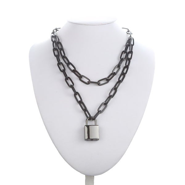 Double layer Lock Chain necklace punk 90s link chain silver color padlock pendant necklace women fashion gothic  jewelry