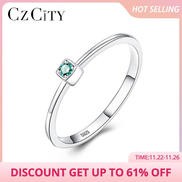 CZCITY Genuine 925 Sterling Silver VVS Green Topaz Wedding Rings for Women Minimalist Thin Circle Gem Rings Jewelry Carving S925