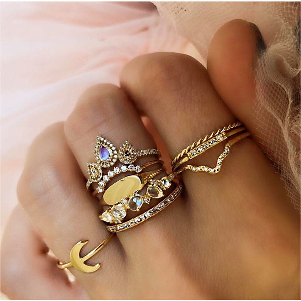 50 Styles Women Bohemian Vintage Crown Wave Flower Heart Lotus Star Leaf Crystal Opal Joint Ring Party Jewelry Silver Rings Set