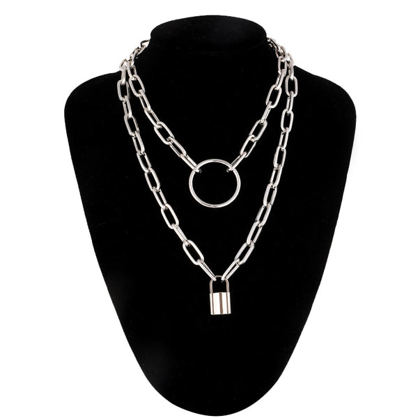 Double layer Lock Chain necklace punk 90s link chain silver color padlock pendant necklace women fashion gothic  jewelry