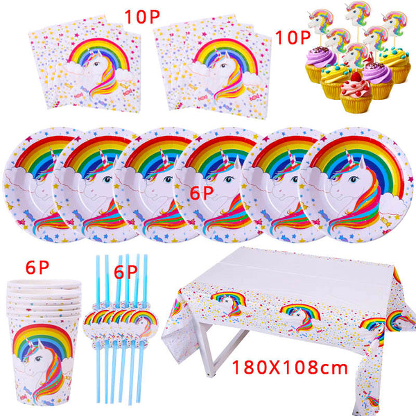 Unicorn Birthday Party Decors Disposable Tableware Kit Unicorn Balloon Cups Plates Napkin Kids Birthday Unicornio Party Supplies