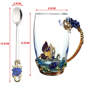 Beauty And Novelty Enamel Coffee Cup Mug Flower Tea Glass Cups for Hot and Cold Drinks Tea Cup Spoon Set Perfect Wedding Gift