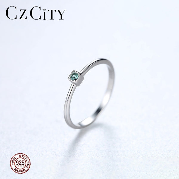 CZCITY Genuine 925 Sterling Silver VVS Green Topaz Wedding Rings for Women Minimalist Thin Circle Gem Rings Jewelry Carving S925