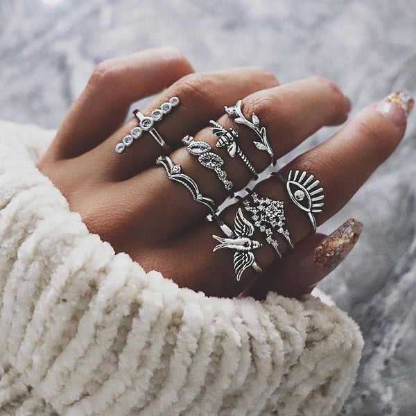 50 Styles Women Bohemian Vintage Crown Wave Flower Heart Lotus Star Leaf Crystal Opal Joint Ring Party Jewelry Silver Rings Set