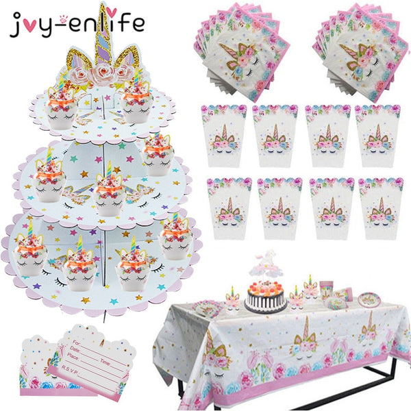 Unicorn Birthday Party Decors Disposable Tableware Kit Unicorn Balloon Cups Plates Napkin Kids Birthday Unicornio Party Supplies