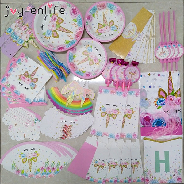 Unicorn Birthday Party Decors Disposable Tableware Kit Unicorn Balloon Cups Plates Napkin Kids Birthday Unicornio Party Supplies