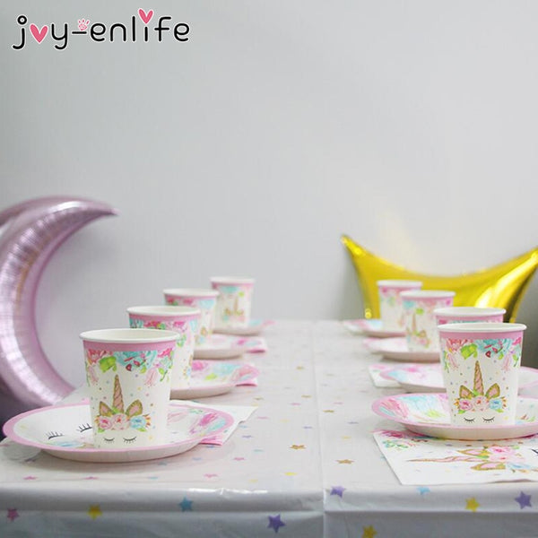 Unicorn Birthday Party Decors Disposable Tableware Kit Unicorn Balloon Cups Plates Napkin Kids Birthday Unicornio Party Supplies