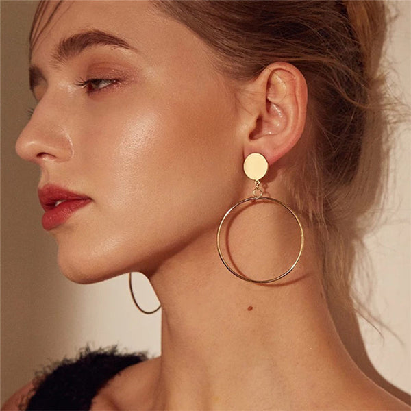 Simple fashion gold color Silver plated geometric big round earrings for women fashion big hollow drop earrings jewelry