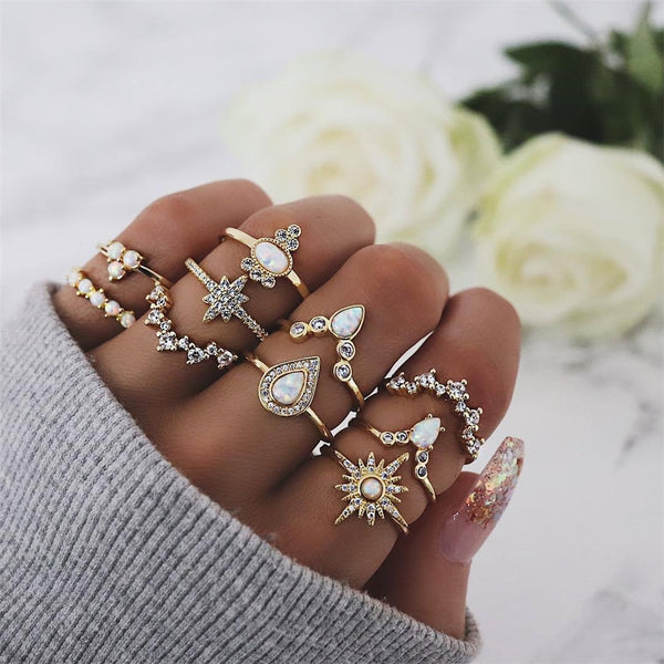 50 Styles Women Bohemian Vintage Crown Wave Flower Heart Lotus Star Leaf Crystal Opal Joint Ring Party Jewelry Silver Rings Set