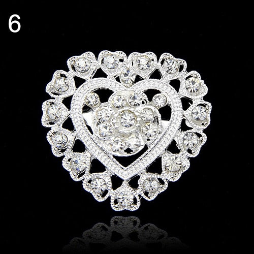 Flower Heart Rhinestone Silver Plated Brooch Pin Wedding Bridal Broach Breastpin