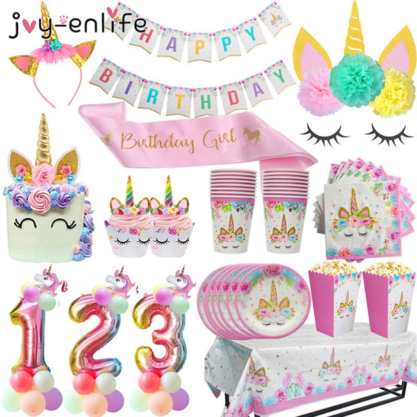 Unicorn Birthday Party Decors Disposable Tableware Kit Unicorn Balloon Cups Plates Napkin Kids Birthday Unicornio Party Supplies