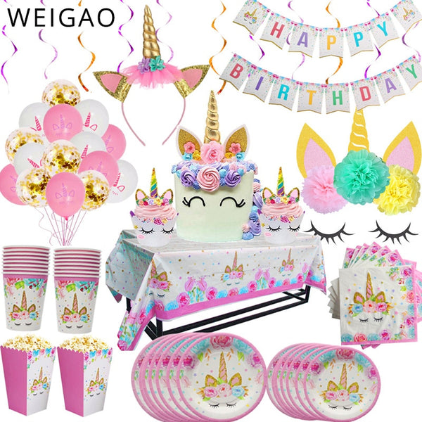 WEIGAO Unicorn Party Decor Birthday Party Decorations Kids Unicorn Theme Paper Hat Napkins Plate Girl Happy Birthday Gifts Sets