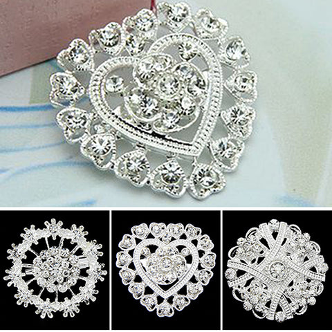 Flower Heart Rhinestone Silver Plated Brooch Pin Wedding Bridal Broach Breastpin