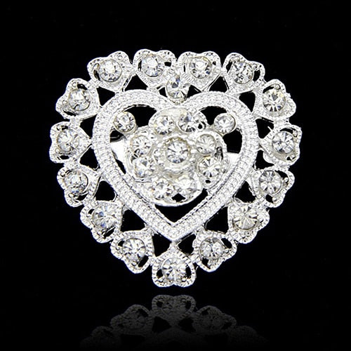 Flower Heart Rhinestone Silver Plated Brooch Pin Wedding Bridal Broach Breastpin