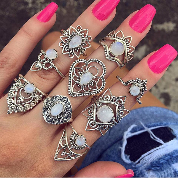 50 Styles Women Bohemian Vintage Crown Wave Flower Heart Lotus Star Leaf Crystal Opal Joint Ring Party Jewelry Silver Rings Set