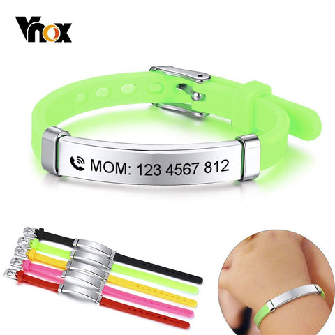 Vnox Personalize Kids Baby ID Bracelets Soft Silicone Rudder Stainless Steel Children Girls Boys Custom Emergency Name Phone