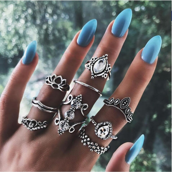 50 Styles Women Bohemian Vintage Crown Wave Flower Heart Lotus Star Leaf Crystal Opal Joint Ring Party Jewelry Silver Rings Set