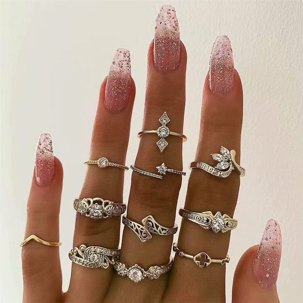 50 Styles Women Bohemian Vintage Crown Wave Flower Heart Lotus Star Leaf Crystal Opal Joint Ring Party Jewelry Silver Rings Set