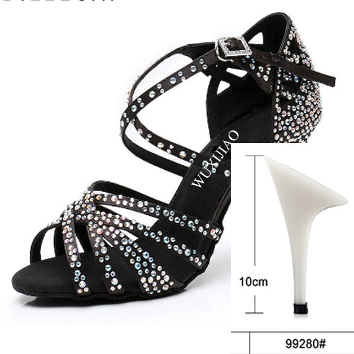 WUXIJIAO Women Party Dance Shoes  Satin Shining rhinestones Soft Bottom Latin Dance Shoes Woman Salsa Dance Shoes heel5CM-10CM