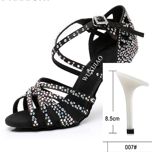 WUXIJIAO Women Party Dance Shoes  Satin Shining rhinestones Soft Bottom Latin Dance Shoes Woman Salsa Dance Shoes heel5CM-10CM