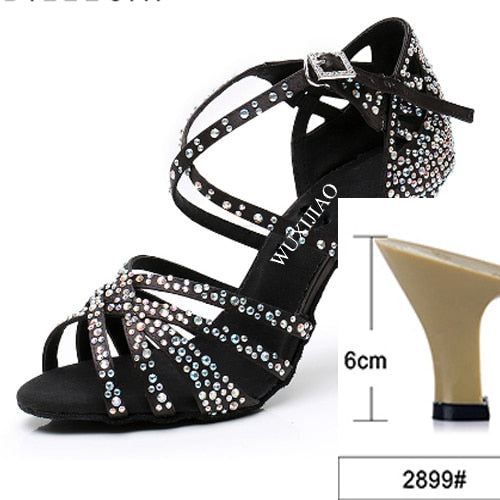 WUXIJIAO Women Party Dance Shoes  Satin Shining rhinestones Soft Bottom Latin Dance Shoes Woman Salsa Dance Shoes heel5CM-10CM