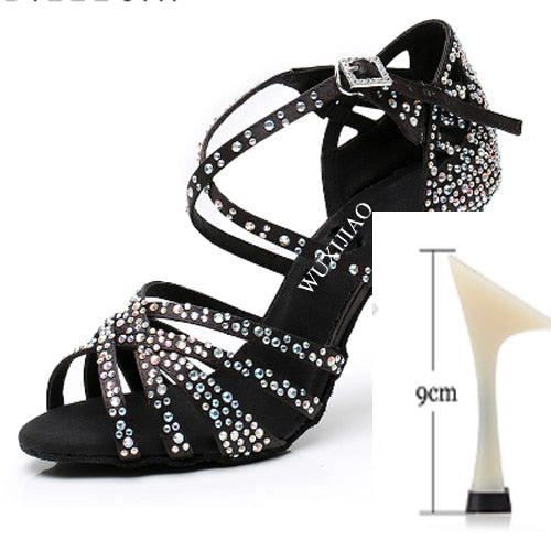 WUXIJIAO Women Party Dance Shoes  Satin Shining rhinestones Soft Bottom Latin Dance Shoes Woman Salsa Dance Shoes heel5CM-10CM