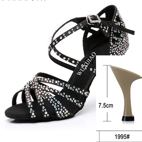 WUXIJIAO Women Party Dance Shoes  Satin Shining rhinestones Soft Bottom Latin Dance Shoes Woman Salsa Dance Shoes heel5CM-10CM