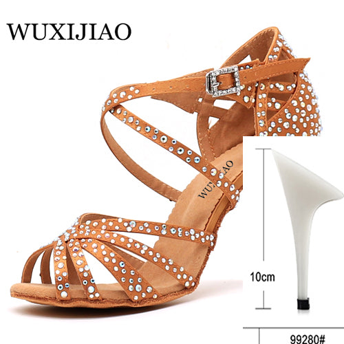 WUXIJIAO Women Party Dance Shoes  Satin Shining rhinestones Soft Bottom Latin Dance Shoes Woman Salsa Dance Shoes heel5CM-10CM