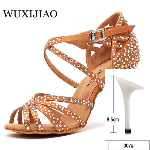 WUXIJIAO Women Party Dance Shoes  Satin Shining rhinestones Soft Bottom Latin Dance Shoes Woman Salsa Dance Shoes heel5CM-10CM