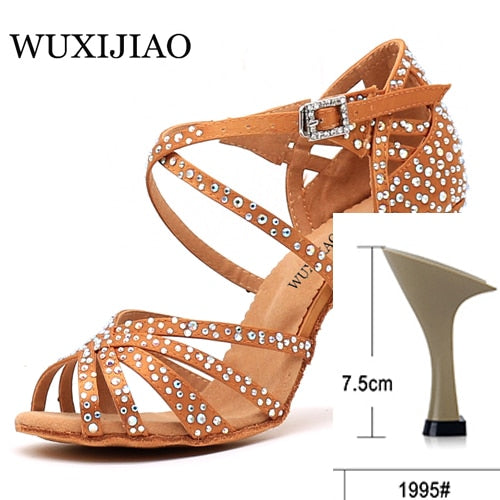 WUXIJIAO Women Party Dance Shoes  Satin Shining rhinestones Soft Bottom Latin Dance Shoes Woman Salsa Dance Shoes heel5CM-10CM