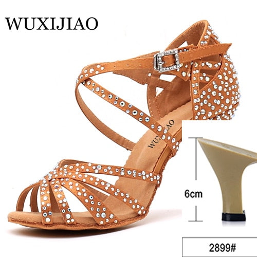 WUXIJIAO Women Party Dance Shoes  Satin Shining rhinestones Soft Bottom Latin Dance Shoes Woman Salsa Dance Shoes heel5CM-10CM