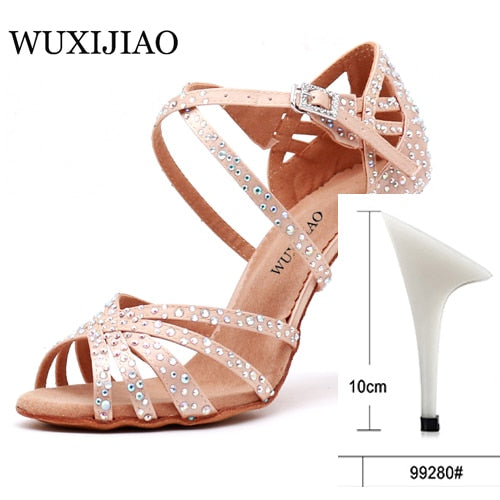 WUXIJIAO Women Party Dance Shoes  Satin Shining rhinestones Soft Bottom Latin Dance Shoes Woman Salsa Dance Shoes heel5CM-10CM