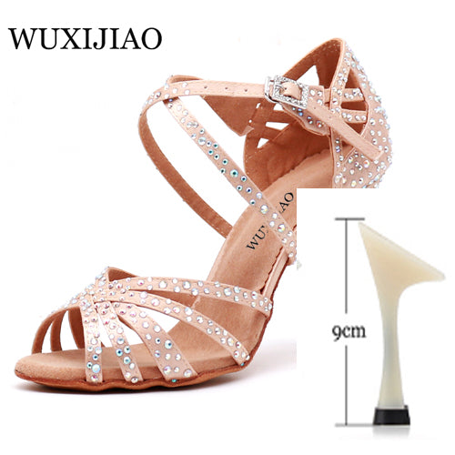 WUXIJIAO Women Party Dance Shoes  Satin Shining rhinestones Soft Bottom Latin Dance Shoes Woman Salsa Dance Shoes heel5CM-10CM