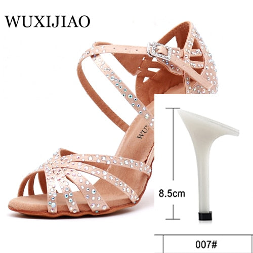 WUXIJIAO Women Party Dance Shoes  Satin Shining rhinestones Soft Bottom Latin Dance Shoes Woman Salsa Dance Shoes heel5CM-10CM