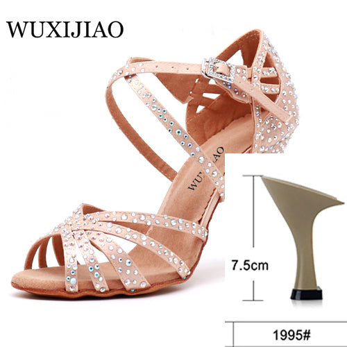 WUXIJIAO Women Party Dance Shoes  Satin Shining rhinestones Soft Bottom Latin Dance Shoes Woman Salsa Dance Shoes heel5CM-10CM