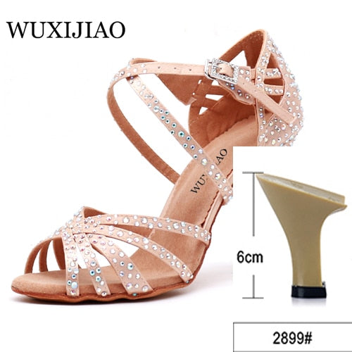 WUXIJIAO Women Party Dance Shoes  Satin Shining rhinestones Soft Bottom Latin Dance Shoes Woman Salsa Dance Shoes heel5CM-10CM