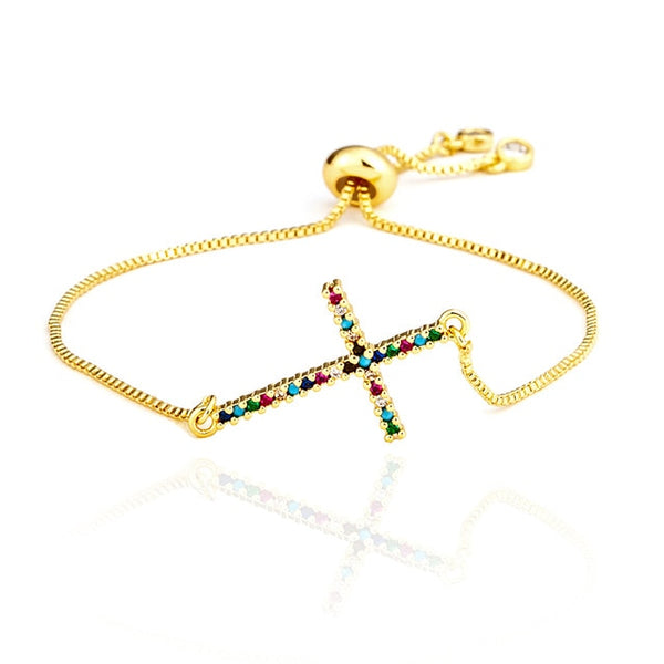 fashion rainbow series shell bracelet&bangle jewelry colorful zircon adjustable bracelet copper cross chain bracelets gift