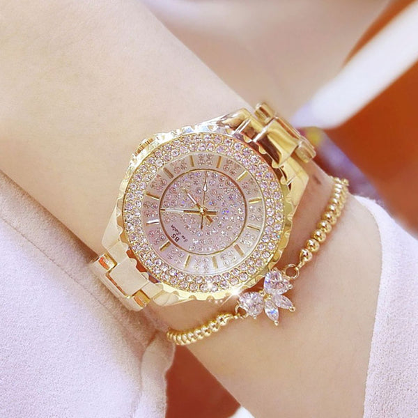 BS Brand Women Quartz Watches Fashion Luxury Lady Rhinestone Wristwatch Ladies Crystal Dress Bracelet Gold Watch Clock 2017 New