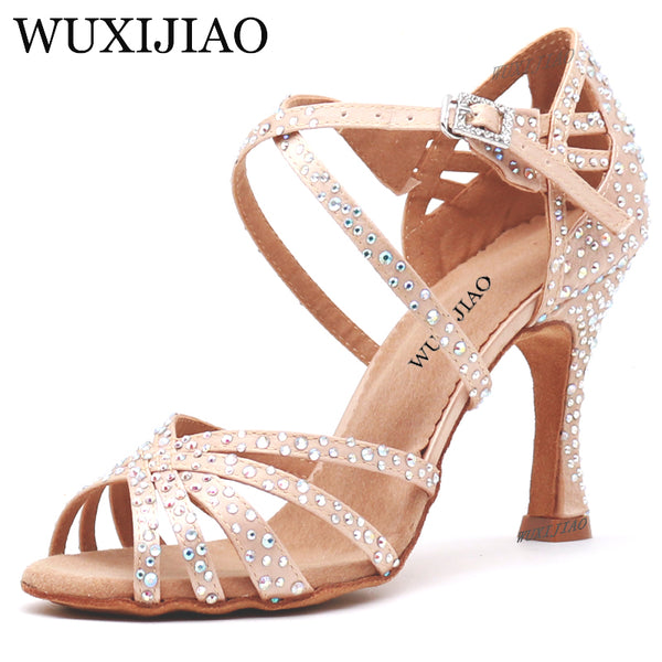 WUXIJIAO Women Party Dance Shoes  Satin Shining rhinestones Soft Bottom Latin Dance Shoes Woman Salsa Dance Shoes heel5CM-10CM