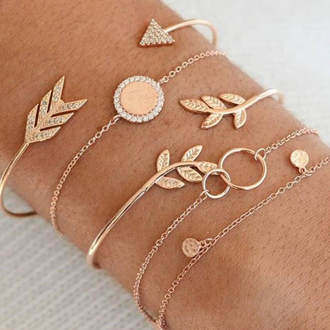 5 Pcs/Set Gold Link Chain Crystal Leaf Arrow Charm Bracelet for Women Knot Moon Cuff Bracelet Bangle Set Girls Braclets 2019 New