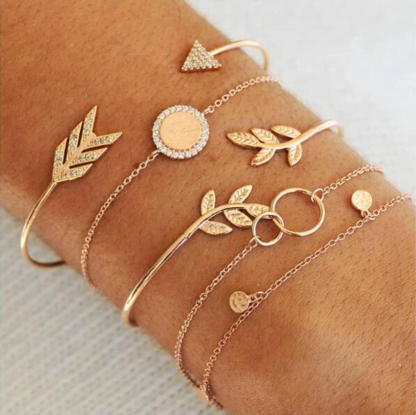 5 Pcs/Set Gold Link Chain Crystal Leaf Arrow Charm Bracelet for Women Knot Moon Cuff Bracelet Bangle Set Girls Braclets 2019 New