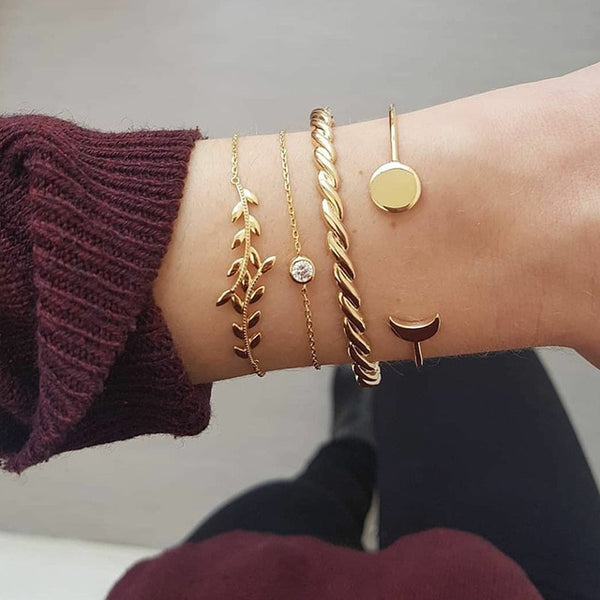 5 Pcs/Set Gold Link Chain Crystal Leaf Arrow Charm Bracelet for Women Knot Moon Cuff Bracelet Bangle Set Girls Braclets 2019 New