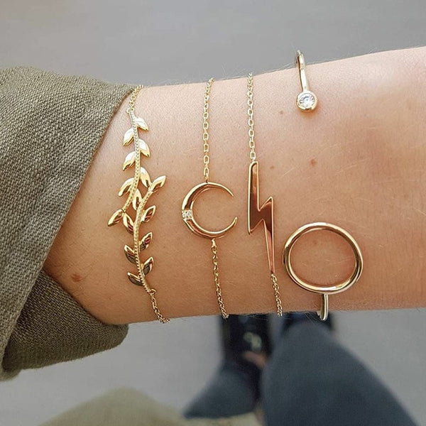 5 Pcs/Set Gold Link Chain Crystal Leaf Arrow Charm Bracelet for Women Knot Moon Cuff Bracelet Bangle Set Girls Braclets 2019 New